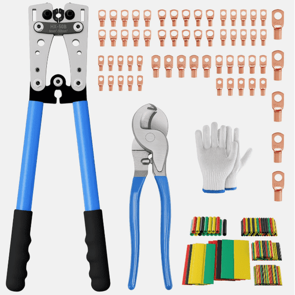 1Crimper And 1Cutters And Lugs And Tubes Heavy Duty Durable Battery Cable Lug Wire Crimping Tool Set for AWG 8-1/0