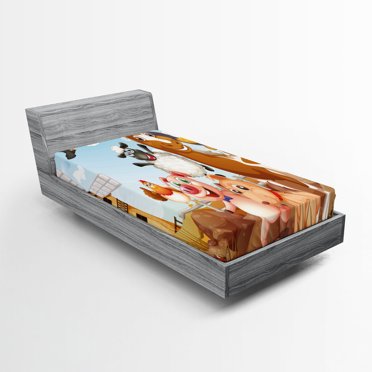 Ambesonne Animal Fitted Sheet, Animals in Farm Art, Twin Size, Pale Blue and Brown