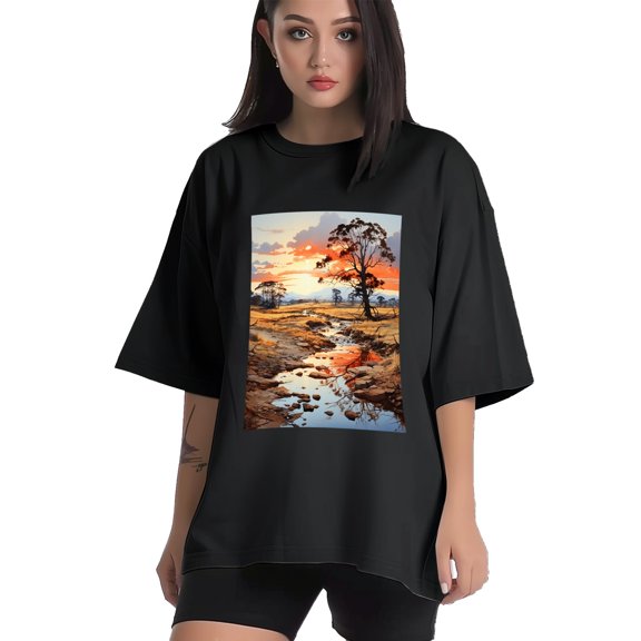 Plus Size Shirt for Women Black Tops for Women Short Sleeves Shirt for Women Landscape1 T Shirt Crewneck Shirt for Women XS