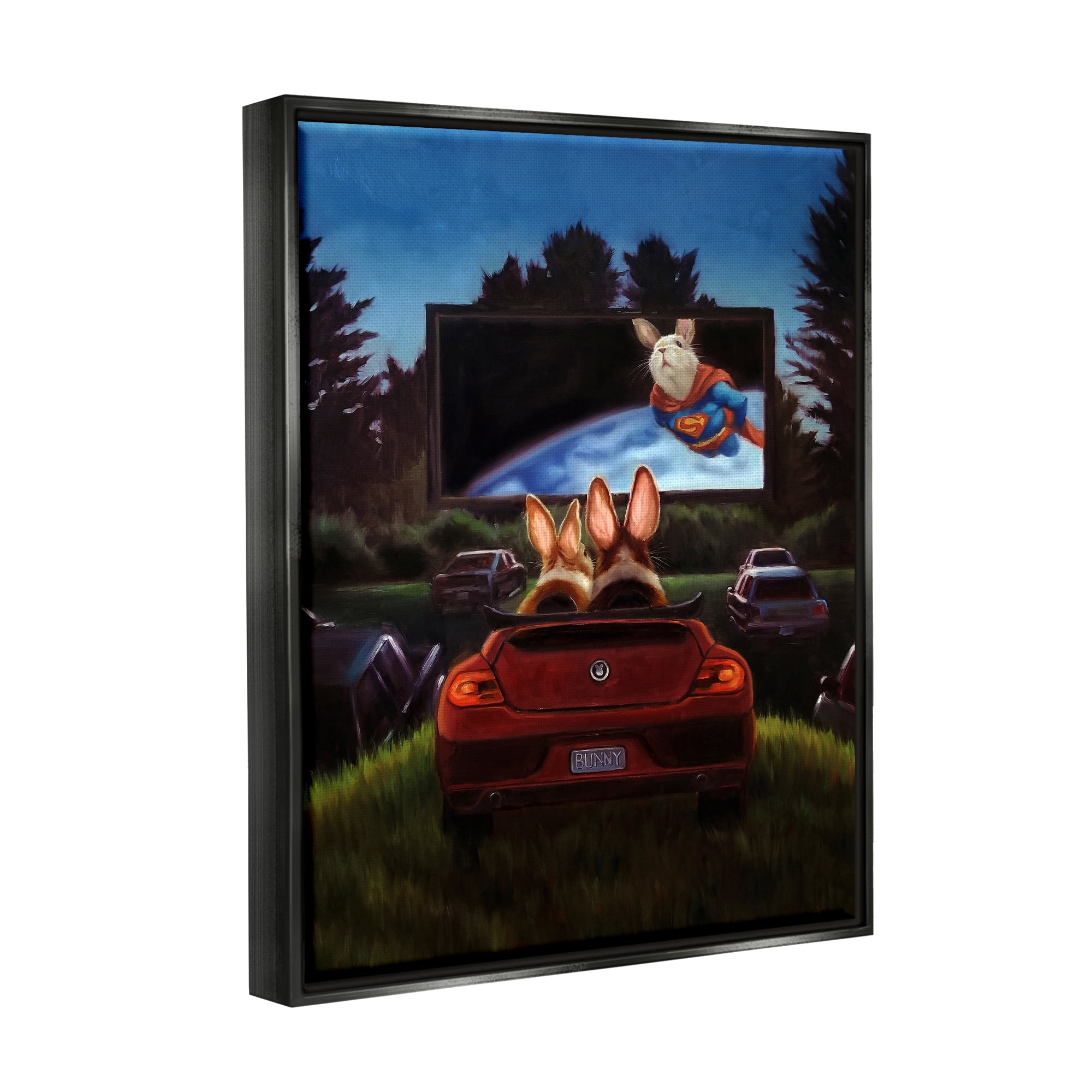 Stupell Industries Romantic Bunny Couple Drive-In Movie Date Animals Painting Jet Black Floating Framed Canvas Print Wall Art, Design by Lucia Heffernan