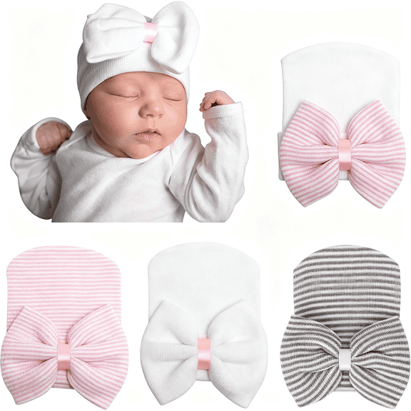 TELOLY Newborn Baby Girl Hats with Bow No Scratch Cotton Toddler Infant Hat Beanie Caps Soft Newborn Hospital Hat Newborn Hats 0-3 Months