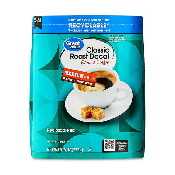 Great Value Classic Decaf Medium Roast Ground Coffee, 9.6 oz