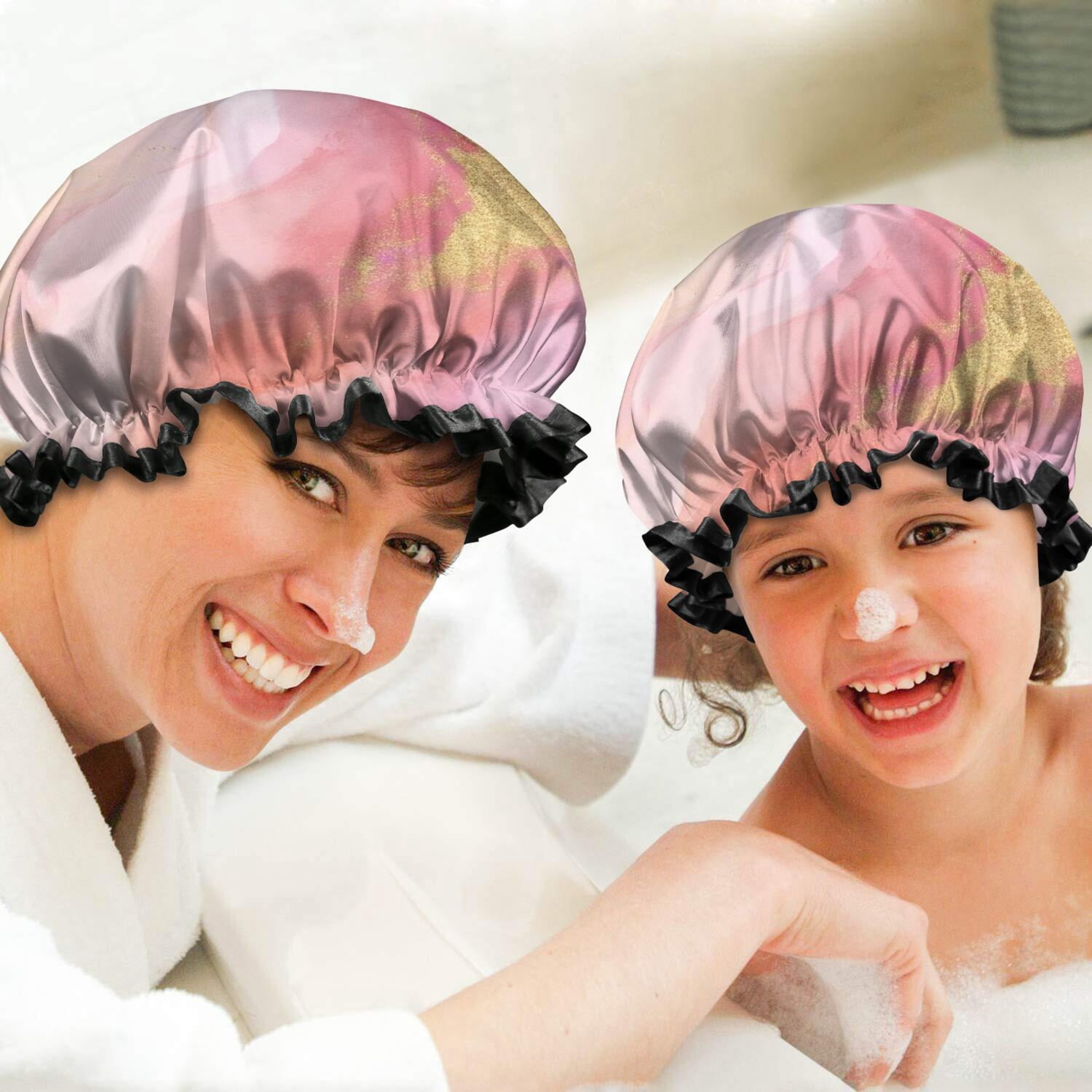 Shower Caps,Pink Gold Marble Pattern Waterproof Shower Cap for Women 4 Pieces,Double Reusable Hair Cover for Shower PEVA Elastic Stretch Hem