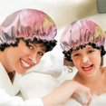thumbnail image 6 of Shower Caps,Pink Gold Marble Pattern Waterproof Shower Cap for Women 4 Pieces,Double Reusable Hair Cover for Shower PEVA Elastic Stretch Hem, 6 of 7