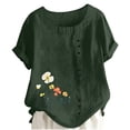 thumbnail image 2 of QATAINLAV Hauts en Coton et Lin pour Femmes 2025 Col Rond Manches Courtes Retroussables T-Shirt Mode Imprimé Floral T-Shirts Décontractés Coupe Ample Blouse Soldes Prime Vert Armée P, 2 of 4