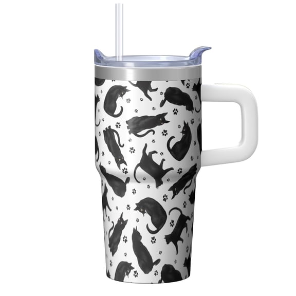 20oz Cat Print Tumbler with Handle Insulated Travel Mug Ideal Birthday Christmas Gift for Cat Fans Women Fits Standard Cup Holders Comfortable Handle Wide Mouth for Ice Daily