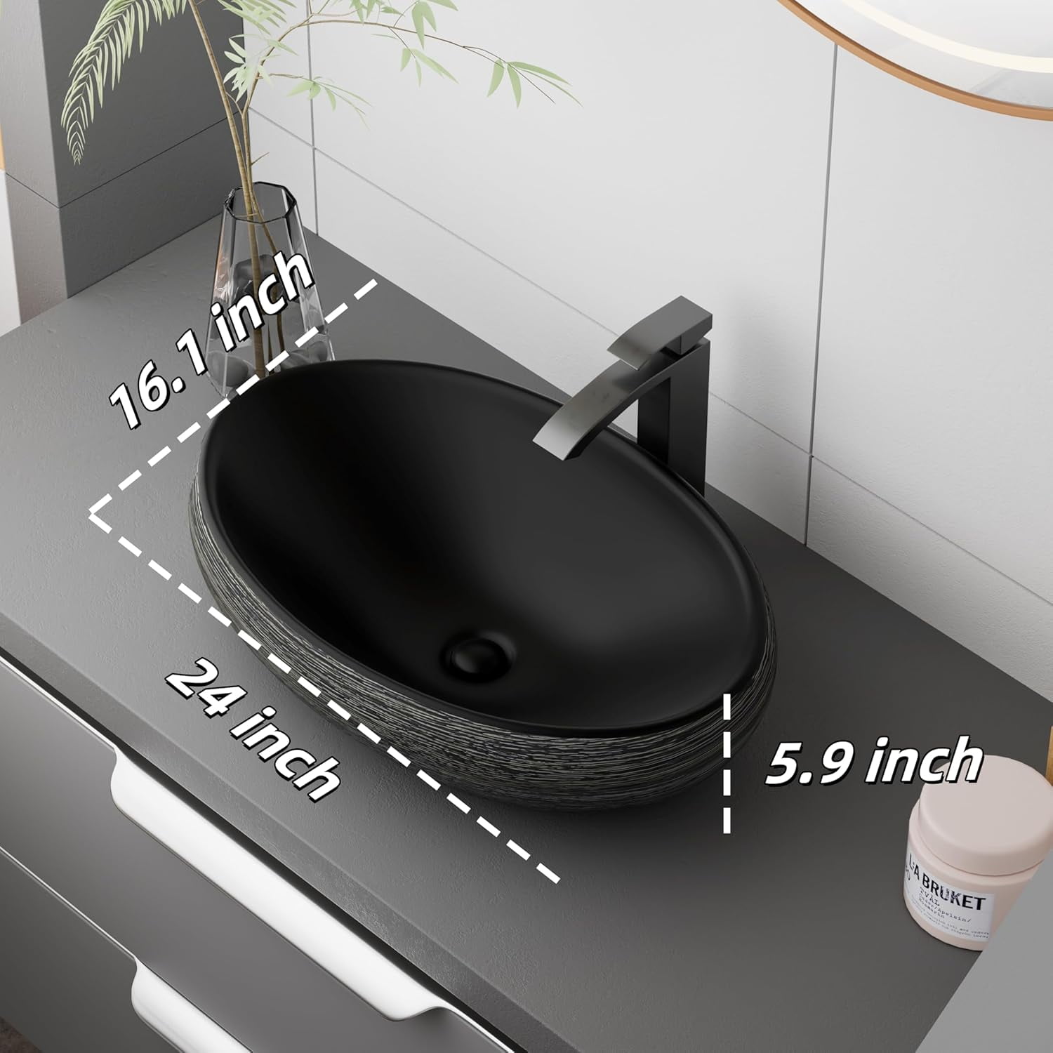 WinZo Bathroom Artistic Vessel Sink, 24x16x5.9 inch Oval Bowl Sink, Retro Ceramic Washbasin Above Counter, Ceramic Porcelain Bathroom Sink Bowl for Vanity, Matte black