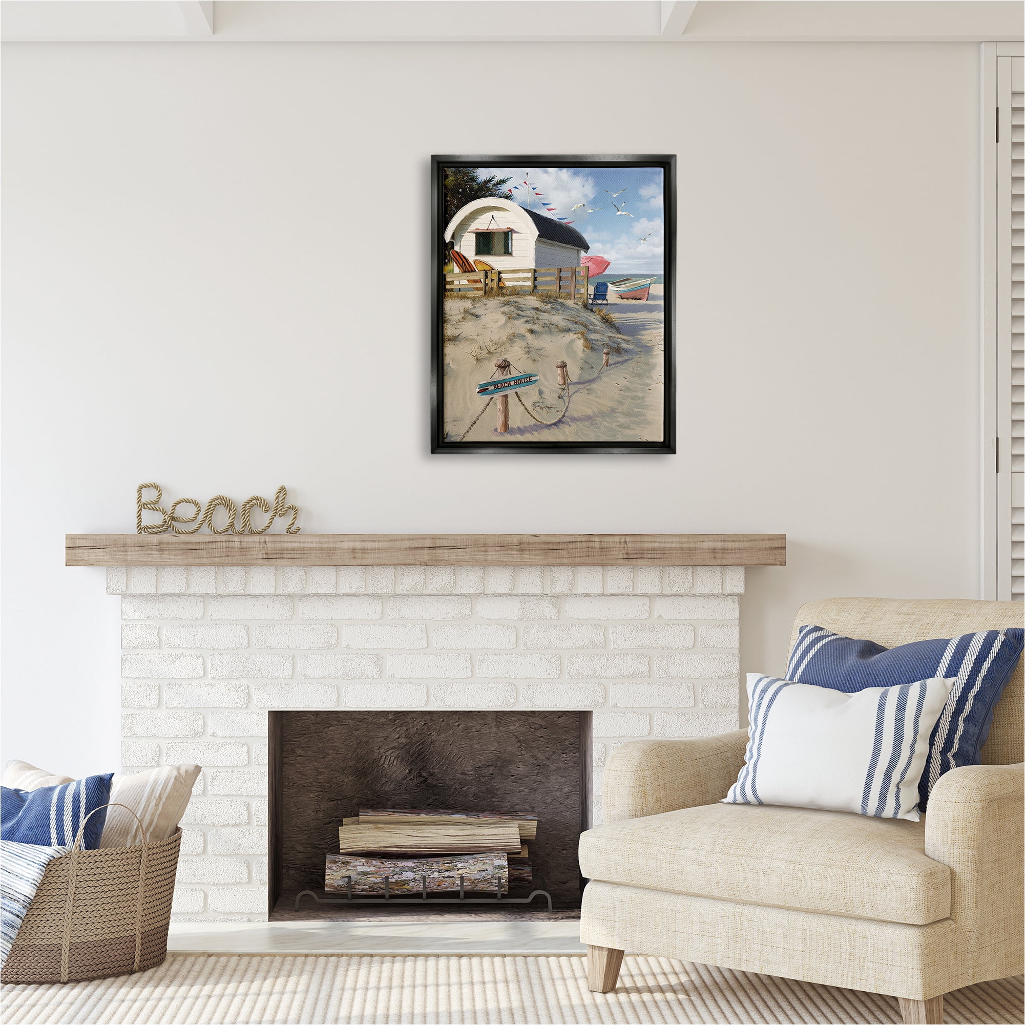 Stupell Industries Beach House Landscape Landscape Painting Black Floater Framed Canvas Art Print Wall Art, 25 x 31