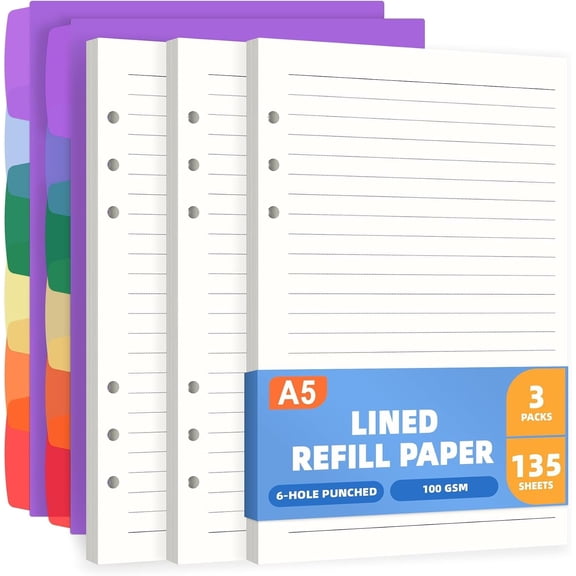 A5 Lined Refill Paper 6 Hole Planner Inserts for A5 6 Ring Binder, 135 Sheets Wide Ruled Lined Filler Paper Loose Leaf Refills with 12 count Binder Dividers for Refillable Notebook, Journal