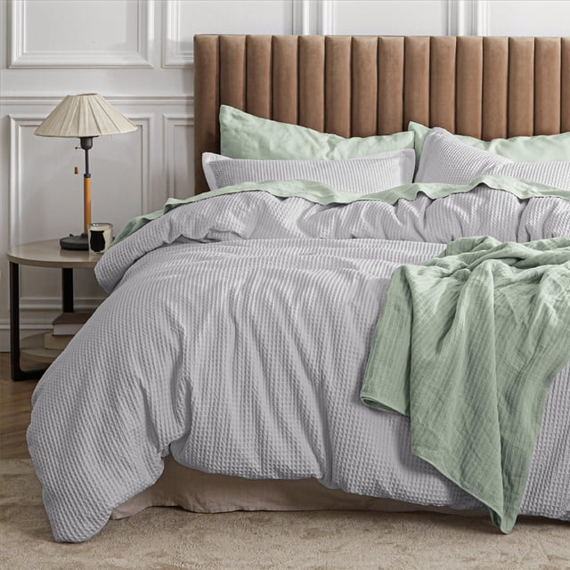 Juego de edredón Bedsure Waffle Weave King de algodón gris, 3 piezas