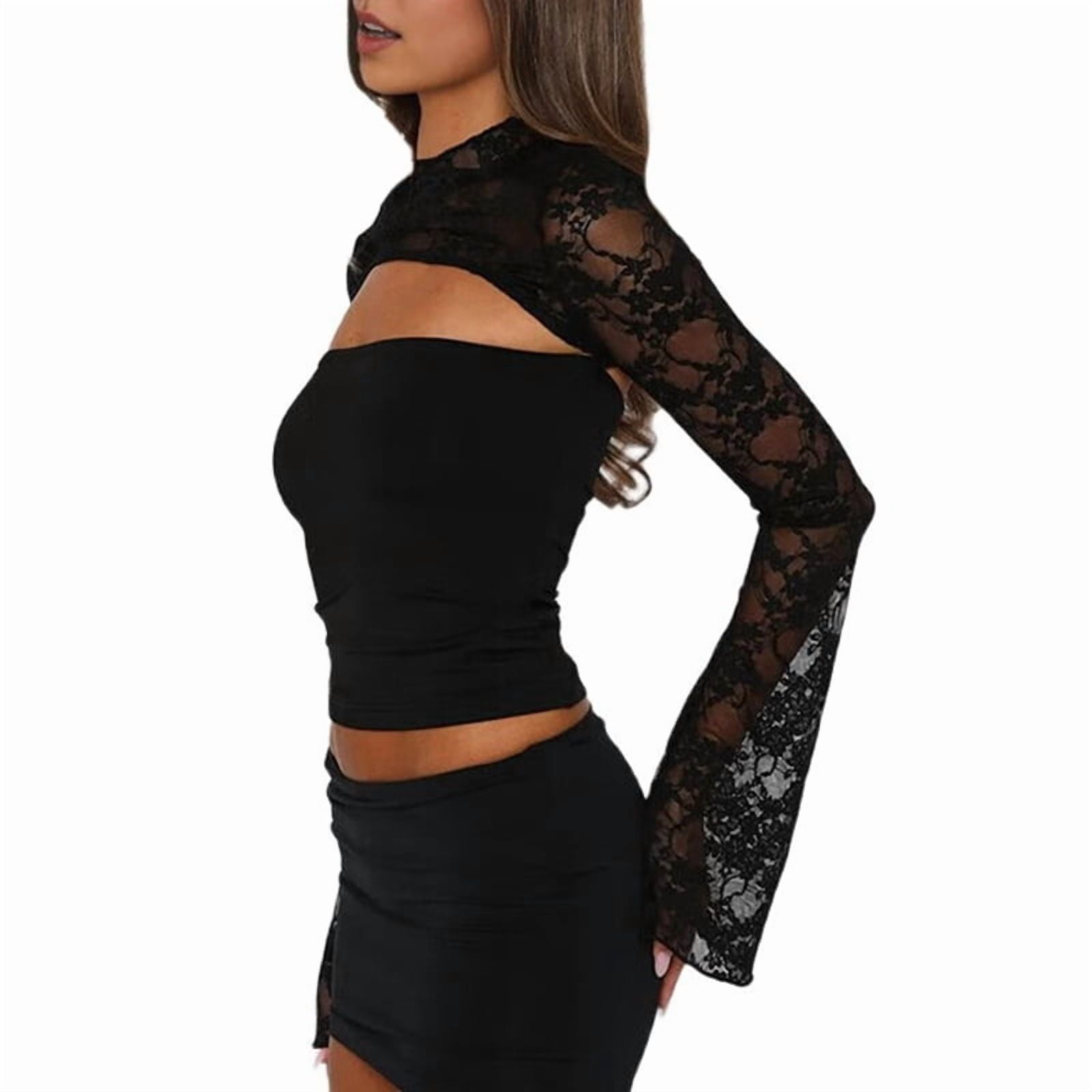 Women Patchwork Sheer Lace Cut Out Crop Top Y2k Mock Neck Long