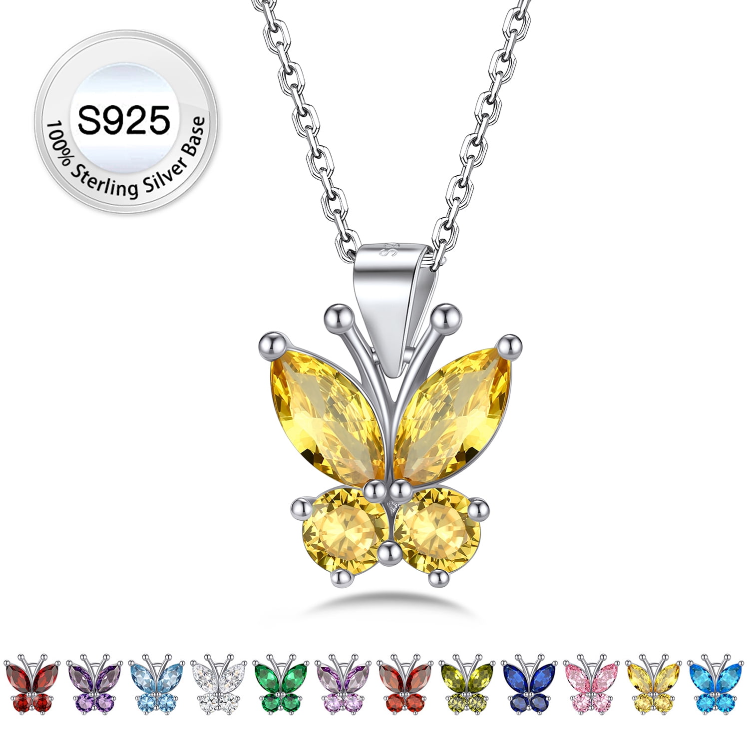Bestyle 925 Sterling Silver Butterfly Necklace for Women, November Yellow Topaz Birthstone Pendant Jewelry Gifts for Birthday Christmas Anniversary