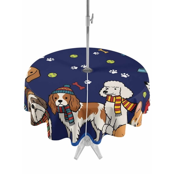 Outdoor Tablecloth with Umbrella Hole for Patio/Picnic/Party/Camping, Cartoon Dogs Waterproof Table Cloth Round Cover Washable, Navy Blue Cute Animals Dogs Paws Prints (Dia 54")