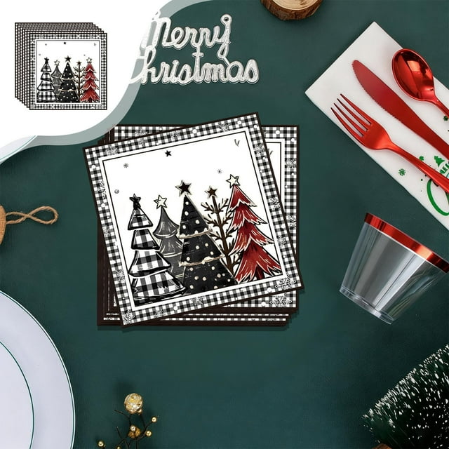 LSLJS Black White Checkered Christmas Tree Theme Party Tableware Disposable 7-inchs 9-inchs Paper Plates Paper Cups Tissue Set of Party-Themed Paper Plates Set Christmas Decorations