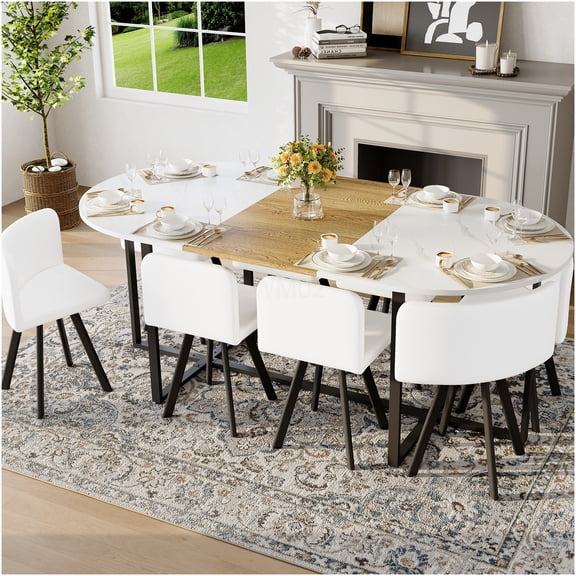 9-Piece White Oval Dining Table Set with 8 Chairs, Modern Faux Marble and Wood Grain Table, White PU Leather Upholstered Chairs, Black Metal Frame, Complete Kitchen Dining Room Furniture