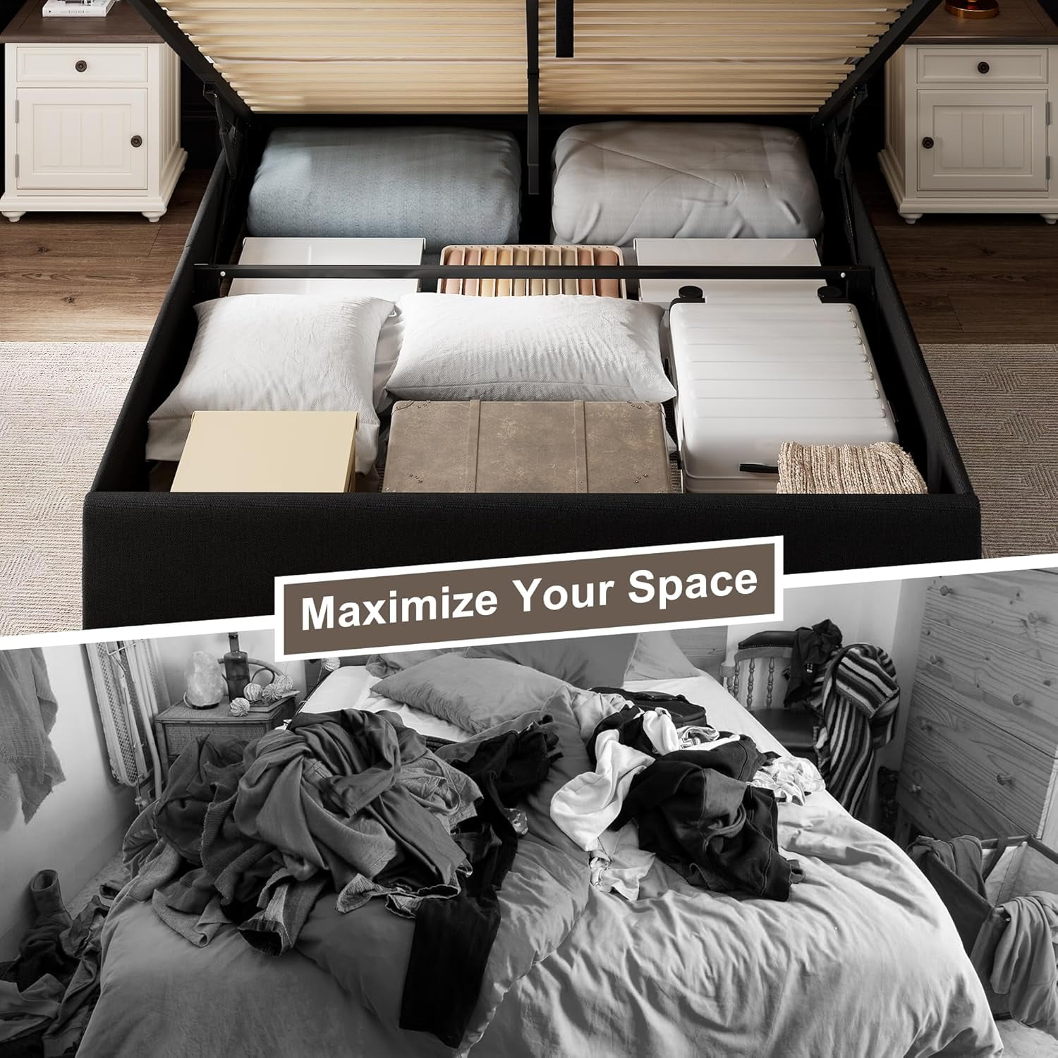 iPormis Full Size Bed Frame with Lift up Storage & Wingback Headboard, Upholstered Linen Bed Frame with Storage,Hydraulic Storage,Black