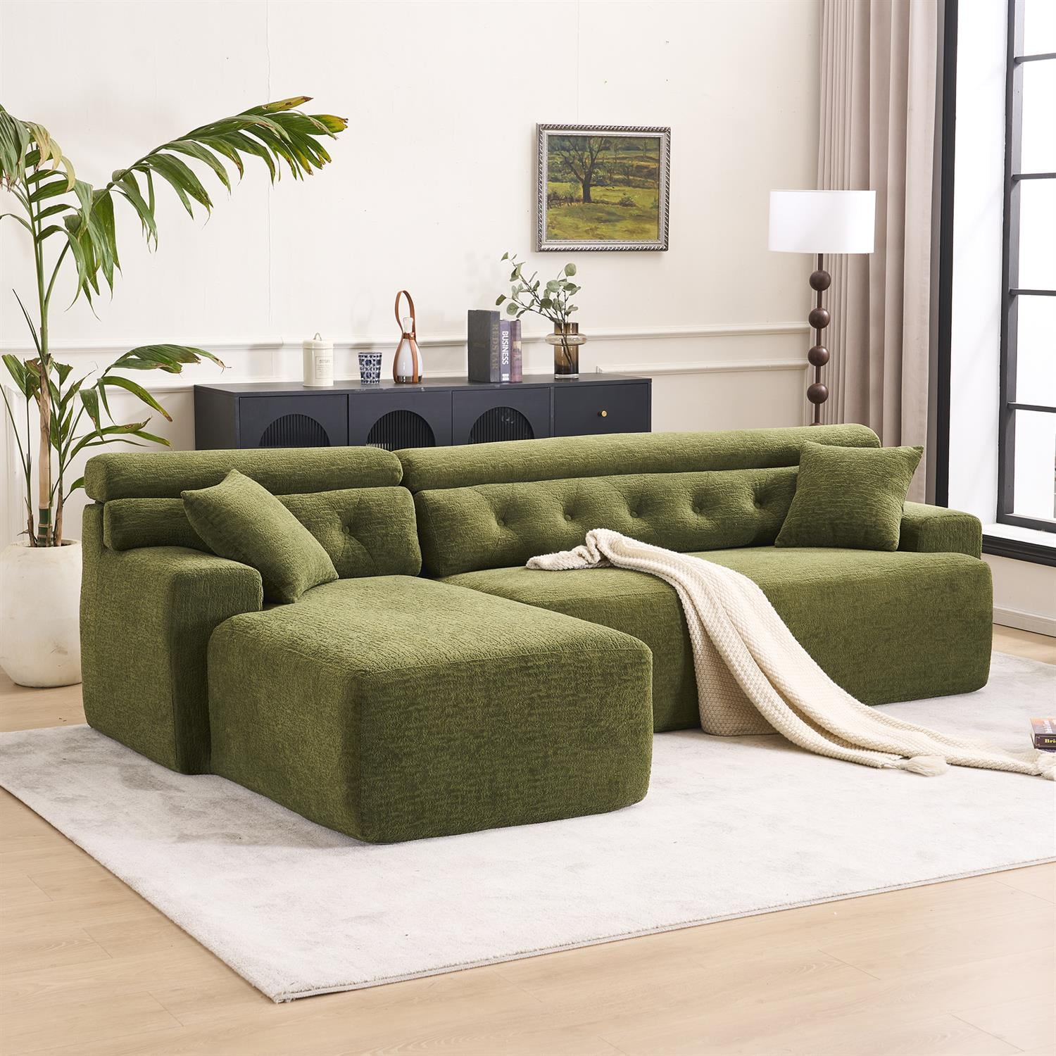 Demi Bonn 105" Modern L-Shaped Sectional Sofa, 3-Seater Couch with Chaise Lounge, 2 Accent Pillows, Wood Grain Chenille Fabric for Living Rooms, Green