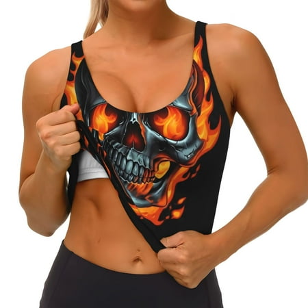 Qokaie Flame Metal Skull Pattern Womens Scoop Neck Sports Bra Breathable Workout Vest Padded U Back Medium Impact Fitness Gym Yoga Bra Workout Crop Top