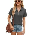 thumbnail image 2 of Women'S Short Sleeve Top 2025 Summer Elegant V Neck Zipper Collared Work Shirts Dressy Blouses Dark gray L, 2 of 9
