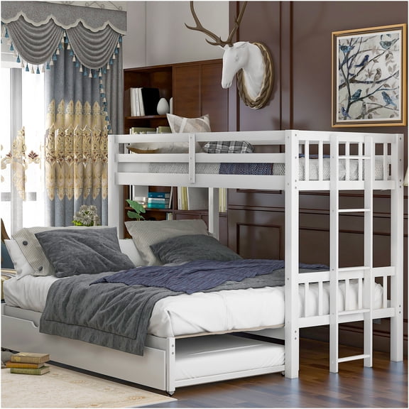 JERFIT White Pine Wood Twin Size Bunk Bed with Pull-Out Trundle, Convertible 4-in-1 Space Saving Bed Frame with Guardrails for Guest Room