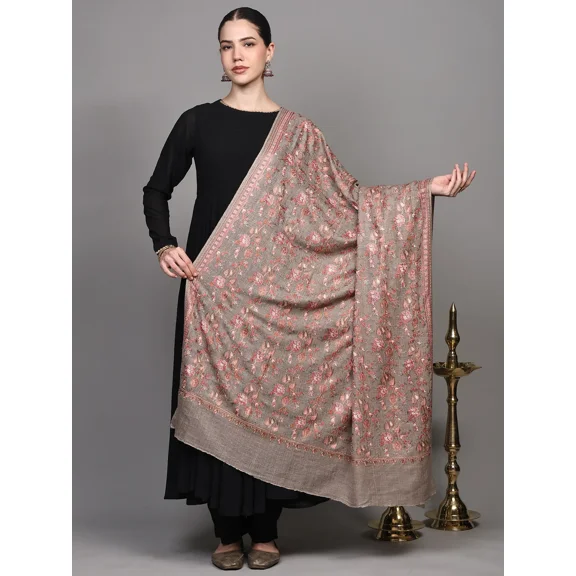 Exotic India Pure Wool Shawl Diamond Weave with Aari Embroidered Floral Stripes | Women's Shawls and Wraps for Weddings, Evening Dresses, Festivals