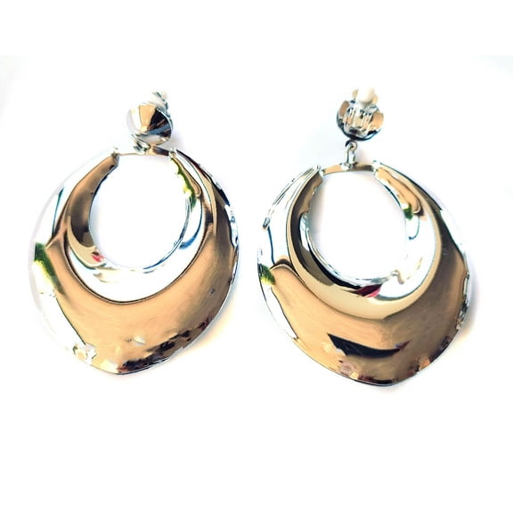 Clip-on Earrings Shiny Mirror Hoop Earrings Puffy 2.5 inch Silver Tone