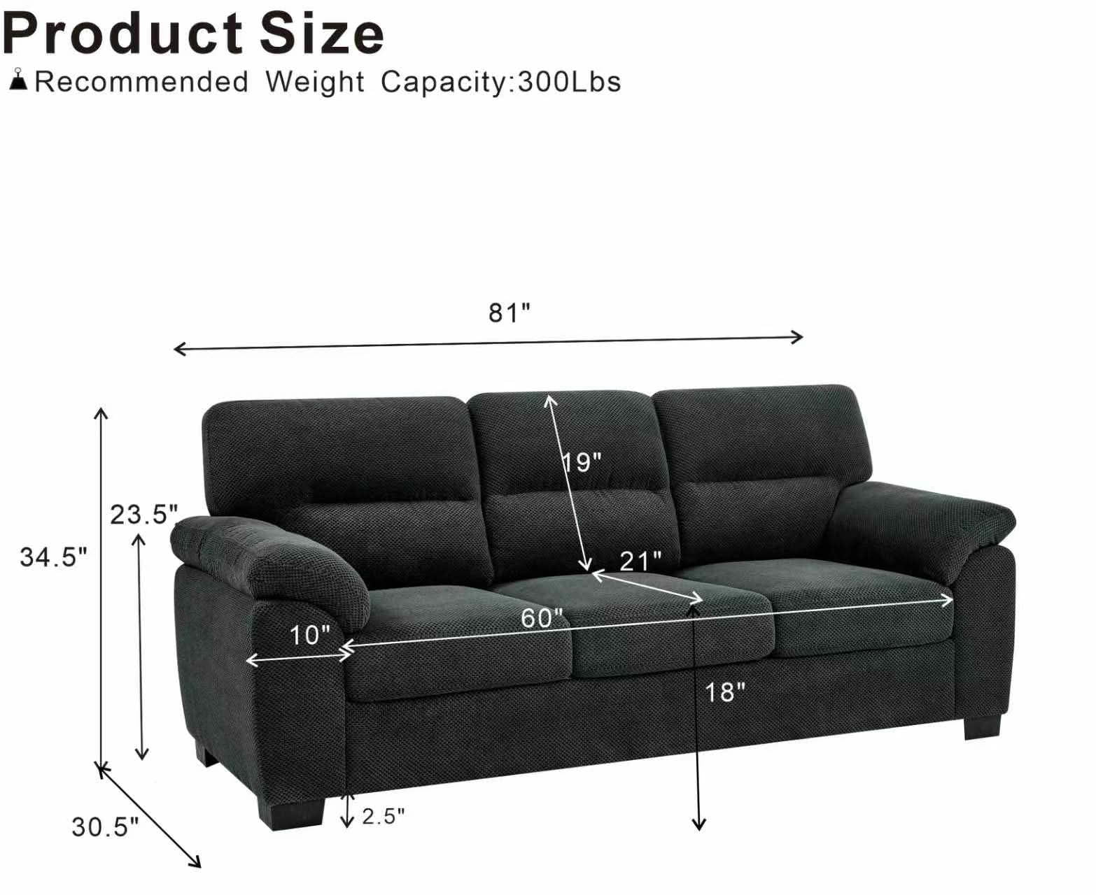 MAYEERTY 81 Inch 3‑Seater Sofa, Modern Textured Fabric Couch with Plush Track Arms & Solid Wood Frame for Living Room