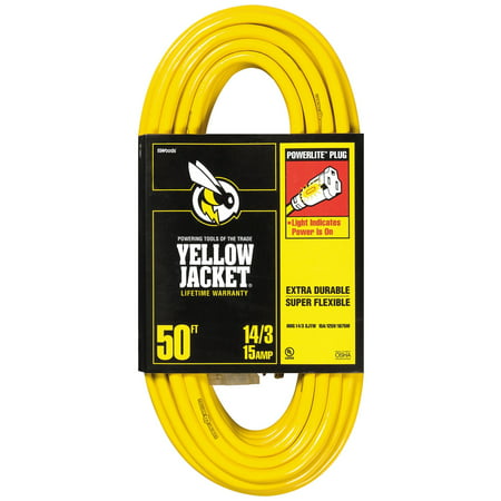 Yellow Jacket 2887 14/3 Heavy-Duty 15-Amp Premium SJTW Contractor Extension Cord with Lighted End,