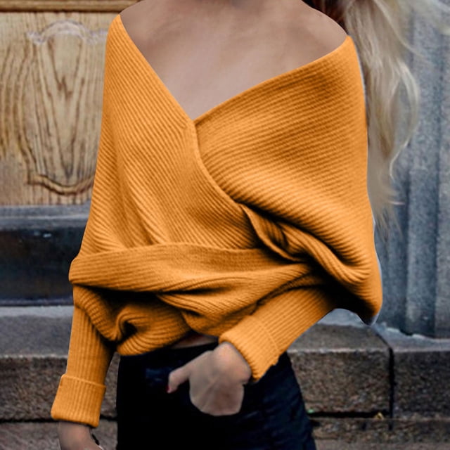 RXIRUCGD Women's Casual Solid Color Irregular Pullover Solid Color Sweater Shawl( Yellow )