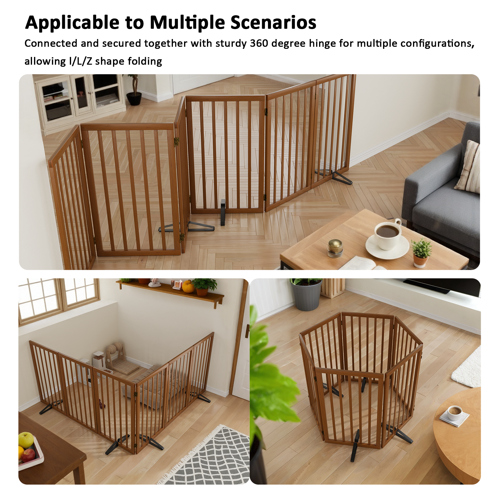 Smart FENDEE 6 Panel Foldable Bamboo Freestanding Pet Gate with Dog Gate and 4 Support Feet, Expands to 110 in Wide