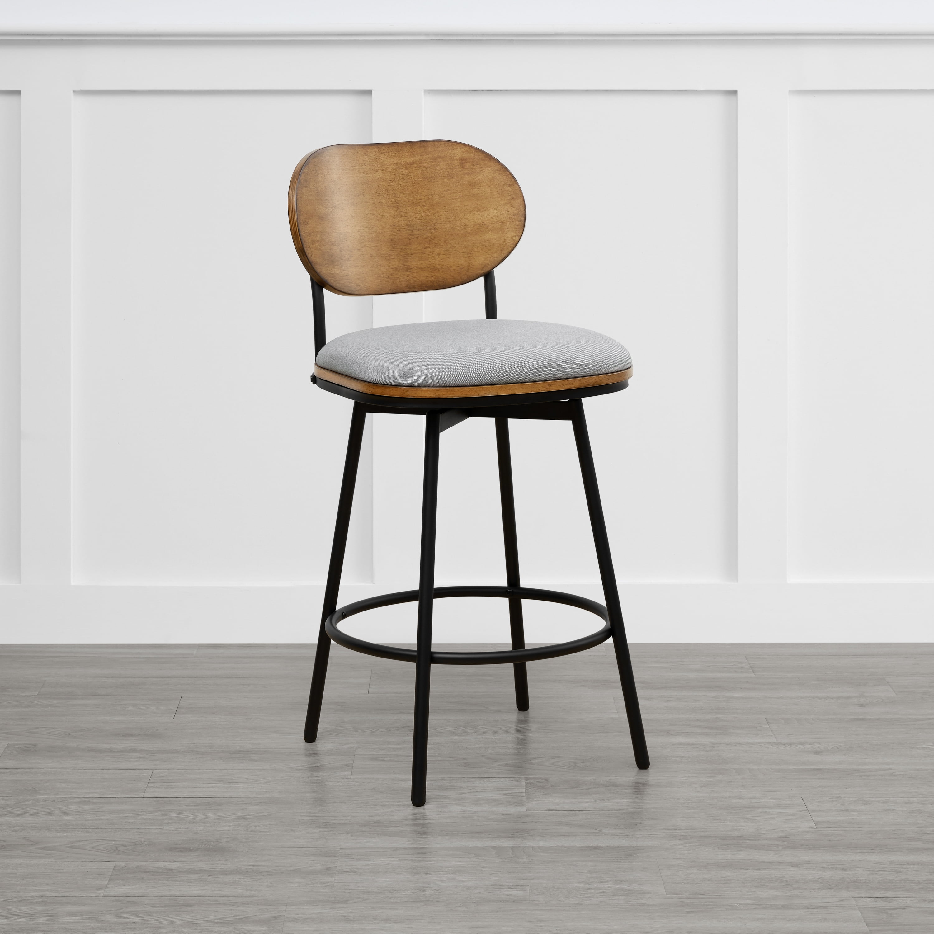 Spruce & Spring Counter Height Swivel Bar Stool with Wood Back and Metal Legs Set of 2, Light Grey