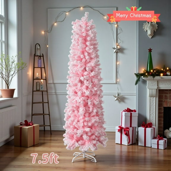 Tcbosik 7.5ft Unlit Flocked Artificial Pencil Christmas Tree, Hinged Slim Xmas Tree with 641 Branch Tips for Holiday Decoration, Pink