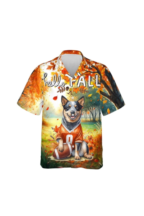 Hello Fall Australian Cattle Dog Football Welcome Autumn with Leaves Pumpkins Hawaiian Shirt Breathable Summer Unisex Merch Heeler Lover Gifts - 00012