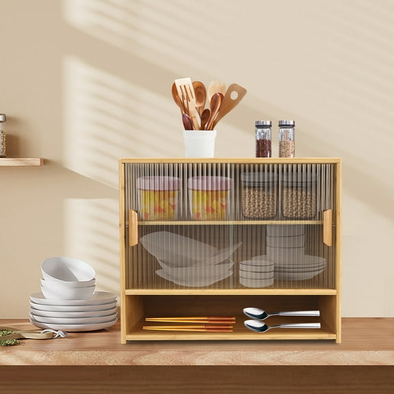 Small Bamboo Kitchen Pantry Sideboard with Sliding Glass Doors – 3-Tier Adjustable Storage Cabinet, Space-Saving Dustproof Organizer for Kitchen & Home
