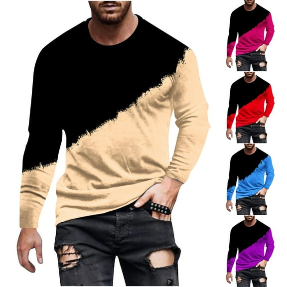 UVEASISHA Color Block Long Sleeve Shirts for Men Big and Tall Hipster Graphic Tees Fall Casual Crewneck Workout Shirt Stretch Slim Fit Athletic Tops Beige 5XL