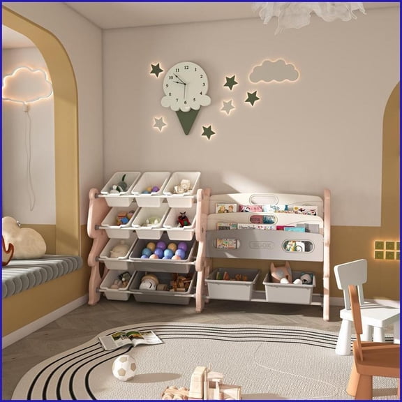 Kids Toy Storage Organizer with 2-Tier Bookshelf & 12 Bins | Pink | Polyethylene | Bedroom
