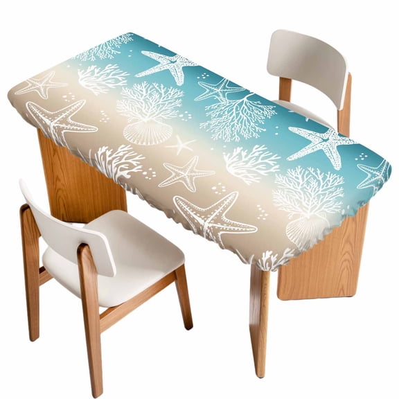 Teal Ombre Coastal Table Cloths for 3 Foot Rectangle Tables, Sea Nautical Summer Beach Starfish Coral Patio Waterproof Elastic Fitted Tablecloths, Washable Rectangular Table Cover for Camping