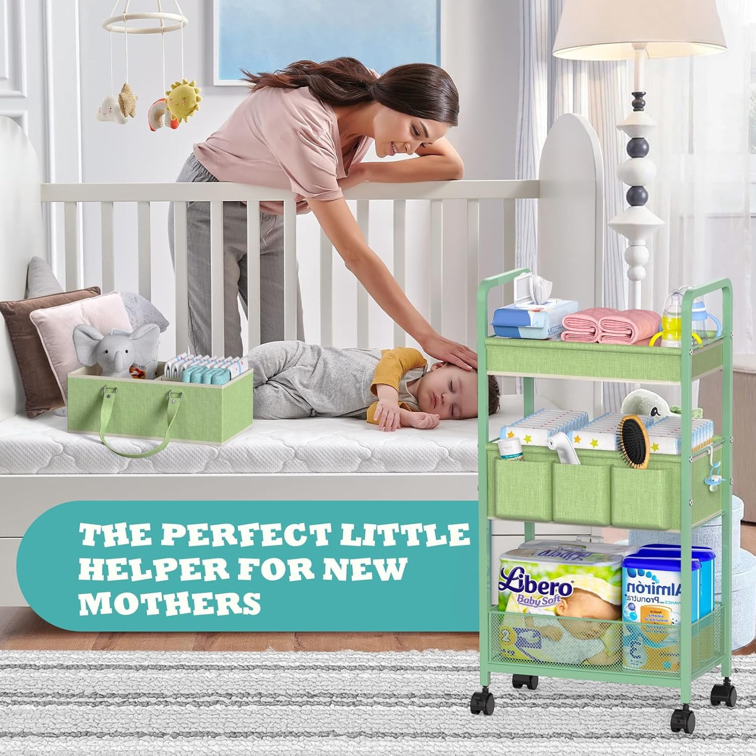 2in1  Diaper Caddy Organizer Cart, 3-Tier Rolling Cart, Metal Diaper Caddy Carts, Bedside Carts for Nursery Essentials Storage, Detachable Dividers, Large Capacity, Green