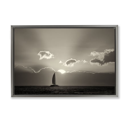 Stupell Industries Sun Peeking Over Boat Landscape & Nature Photography Gray Floater Framed Canvas Art Print Wall Art 25 x 17