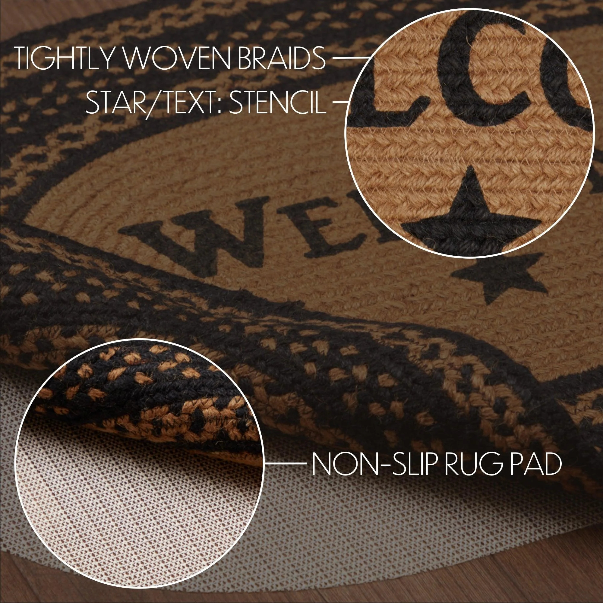 VHC Brands Farmhouse Primitive Jute Black Accent Rug Rect Stencil Stars Welcome w/ Pad 20"x30"