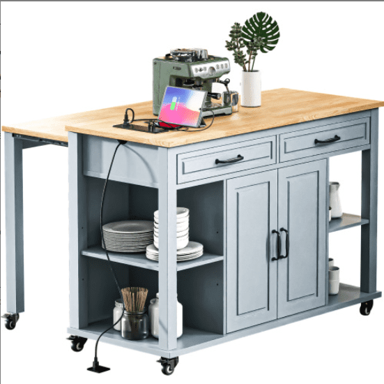 Euroco 47 inch Kitchen Island with Extendable Dining Table, Rubber Wood Veneer Kitchen Table with Internal Storage Rack