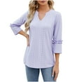 thumbnail image 3 of qolati Women's 3/4 Sleeve Blouses 2024 Summer V Neck Tunic Tops Eyelet Ruffled Loose Fit Casual Work Shirts for Women, 3 of 6