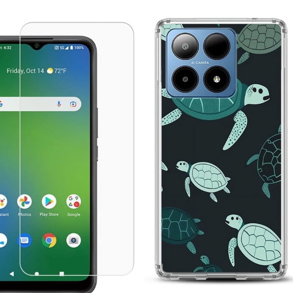 For Boost Mobile Summit 5G Shockproof Phone Case Cover with Tempered Glass Screen Protector, by OneToughShield - Sea Turtle Mix