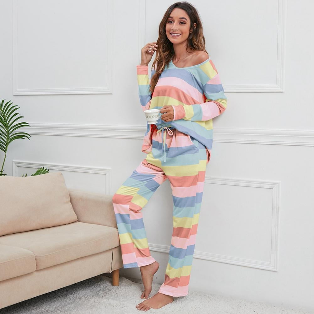  Rainbow Pajamas for Women Set Cuban Collar Long-Sleeve