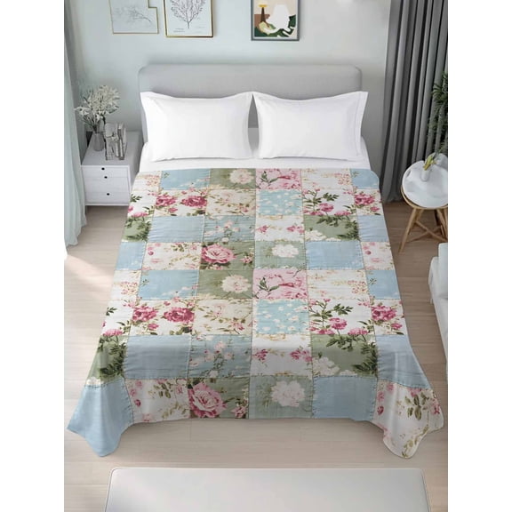 Green Blue Pink Botanical Twim Size Flat Sheet, Wrinkleproof & Fadeproof Cooling Flat Bed Sheet Only, Spring Floral Vintage Breathable Soft Bedding Top Sheets 66 x 96 Inches