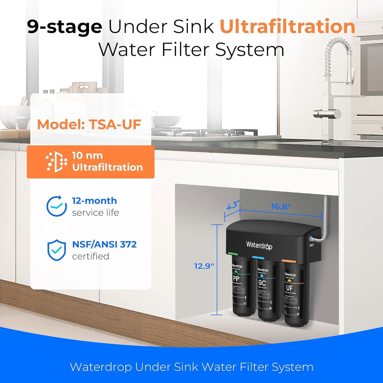 Waterdrop TSB-UF 0.01 μm Ultra Filtration Under Sink Water Filter System, 9 Layer Under Sink Water Filtration System
