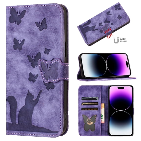 Butterfly Embossed Case For Samsung Galaxy S25 Edge Slim Cat Patterned Leather Folio Cover Card Holder Kickstand, Cute Stylish Women Flip Case Magnetic Clasp Flip with Wrist Strap,Purple