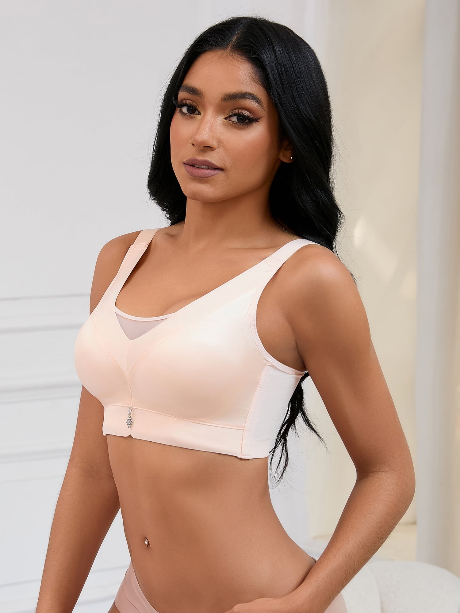 Unique Bargains Women's Wirefree U Back V-Neck Mesh Minimizers Bras M Beige