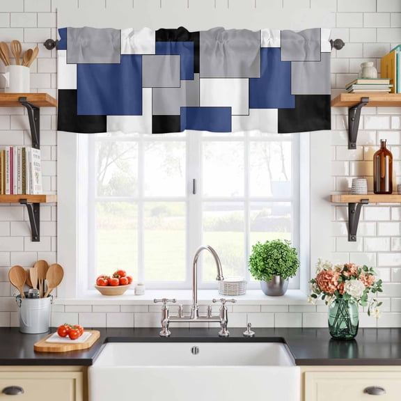 Curtain Valance for Windows Ombre Square Splicing Plaid Short Rod Pocket Kitchen Valances Blackout Curtains Color Block Window Treatment for Living Room Bathroom Bedroom,54"x18"
