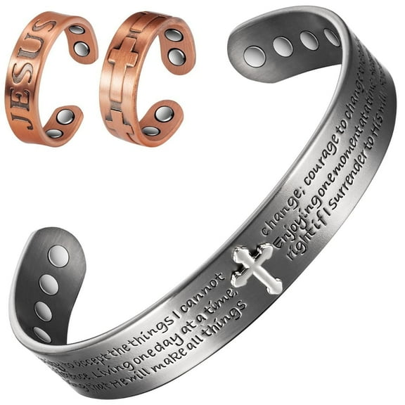 Wollet Copper Magnetic Bracelets & Ring for Women, Set of 3, Pure Copper Jewelry Set, Christian Silver Cross